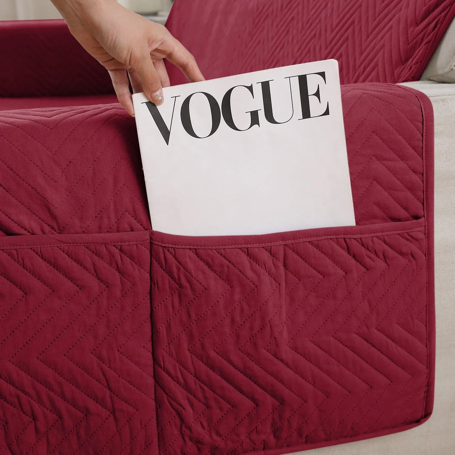 Maroon Quilted Sofa Mat Cover with Pockets | Non Slip & Full Fitted | 1/2/3 Seater