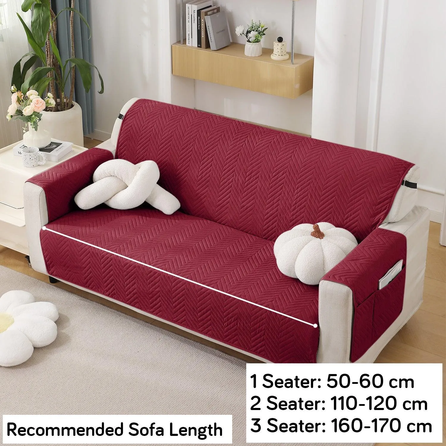 Maroon Quilted Sofa Mat Cover with Pockets | Non Slip & Full Fitted | 1/2/3 Seater