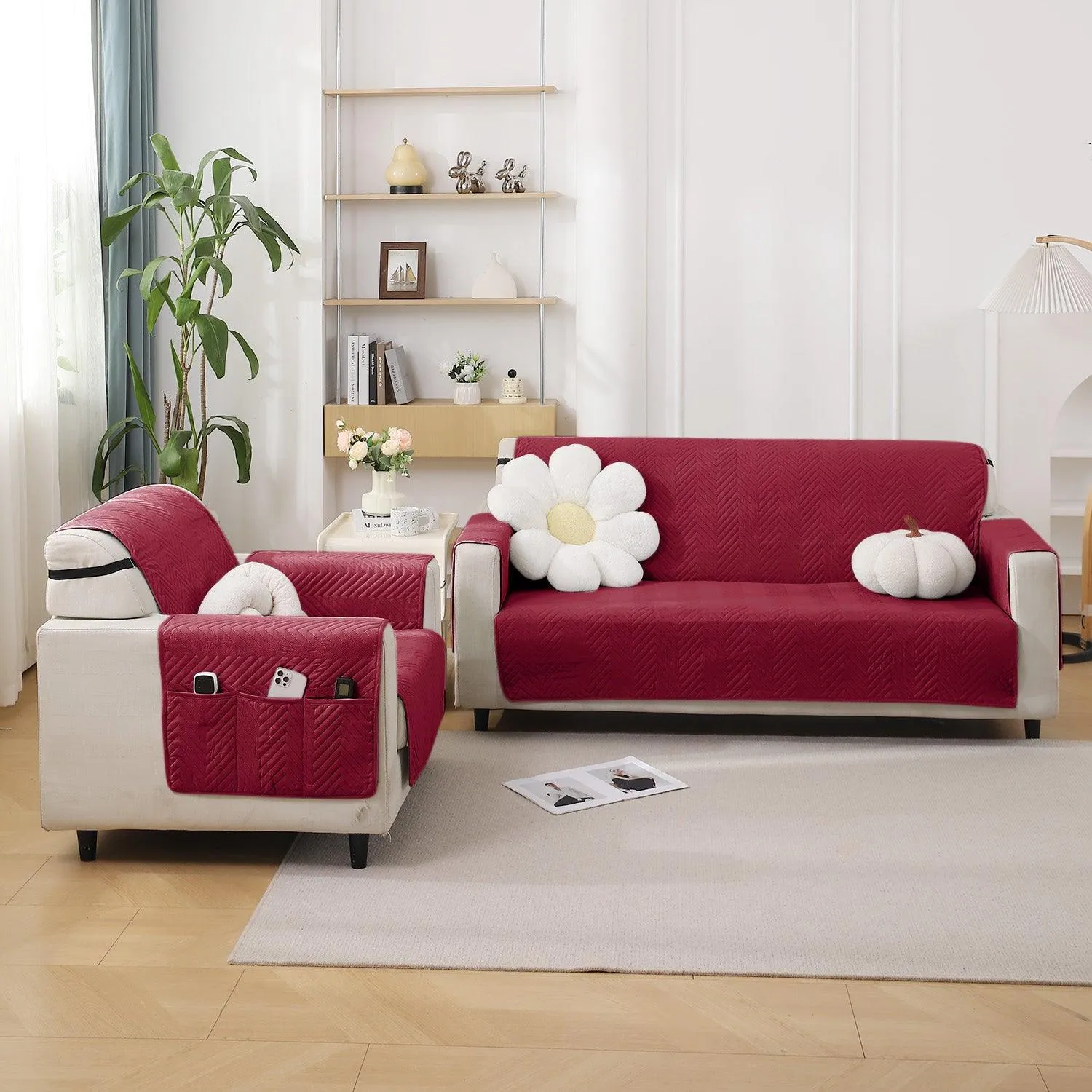Maroon Quilted Sofa Mat Cover with Pockets | Non Slip & Full Fitted | 1/2/3 Seater