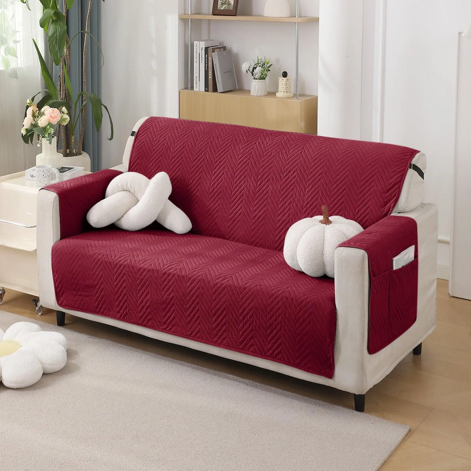 Maroon Quilted Sofa Mat Cover with Pockets | Non Slip & Full Fitted | 1/2/3 Seater