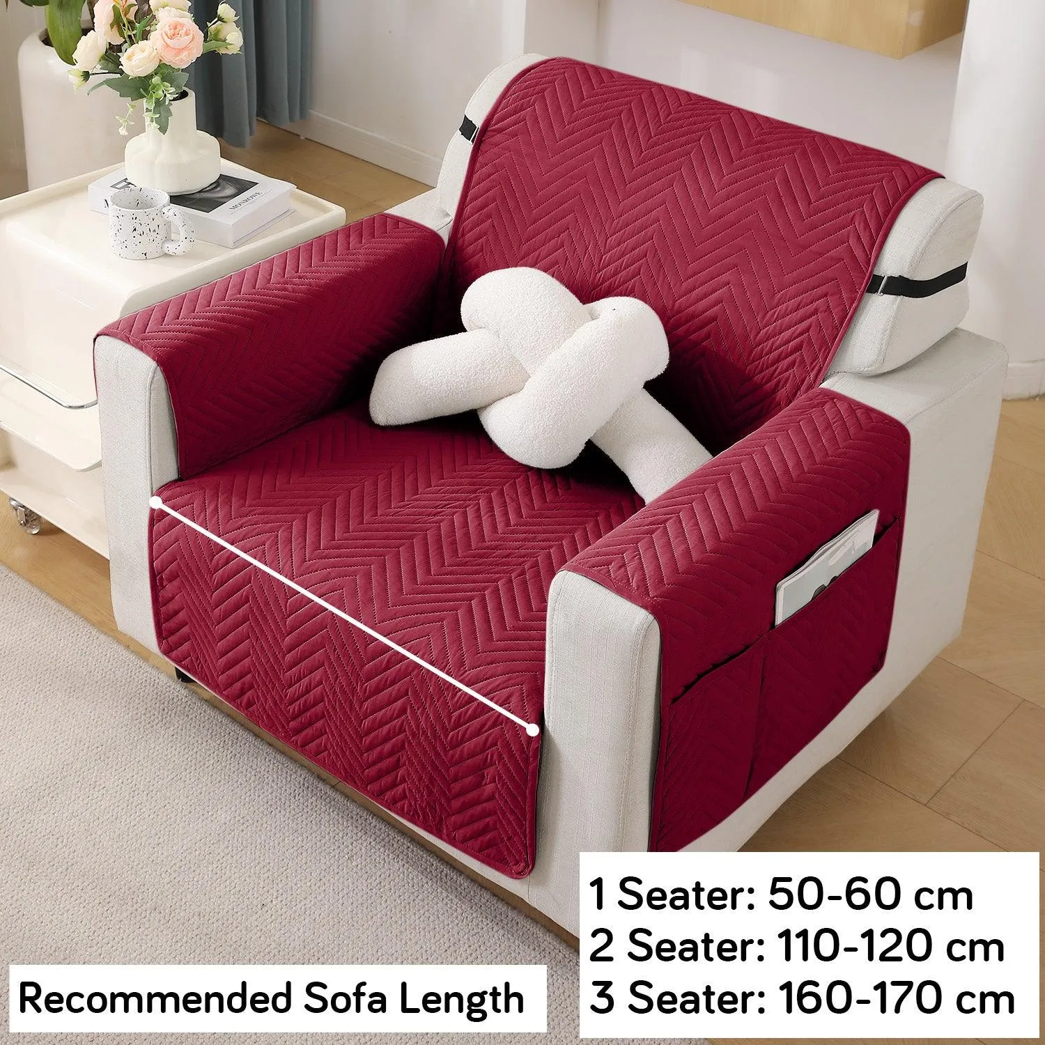 Maroon Quilted Sofa Mat Cover with Pockets | Non Slip & Full Fitted | 1/2/3 Seater