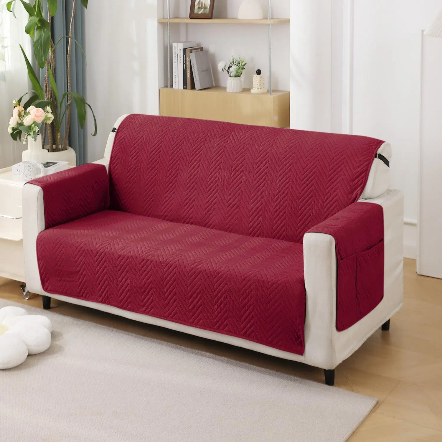 Maroon Quilted Sofa Mat Cover with Pockets | Non Slip & Full Fitted | 1/2/3 Seater