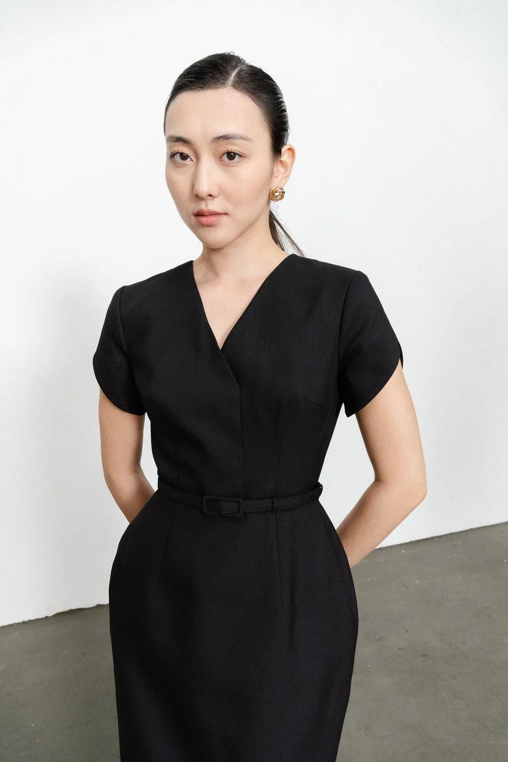 Melody Pegged V-Neck Twill Midi Dress