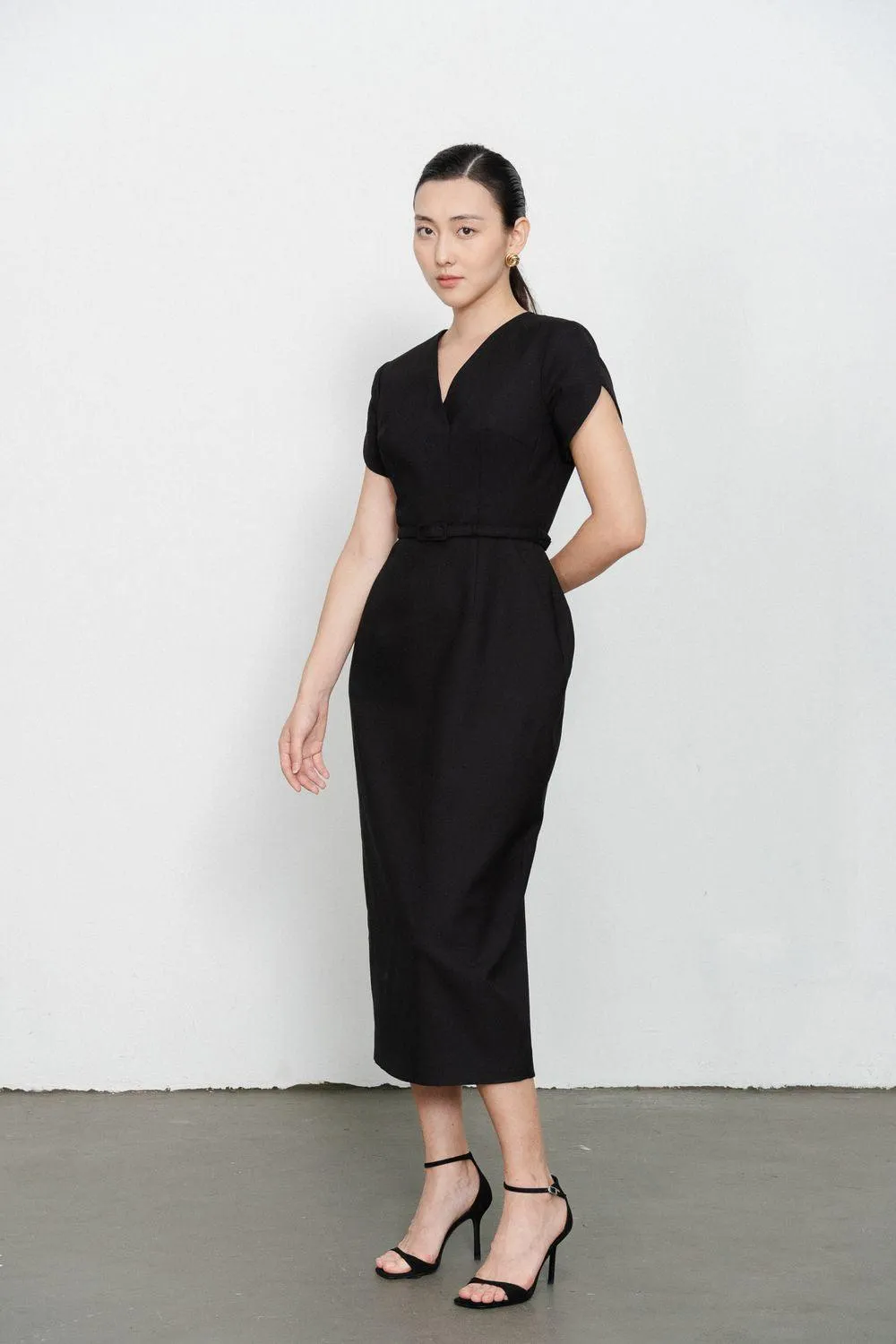 Melody Pegged V-Neck Twill Midi Dress
