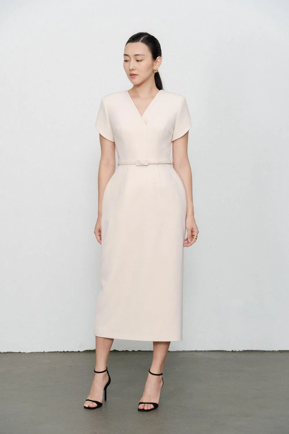 Melody Pegged V-Neck Twill Midi Dress