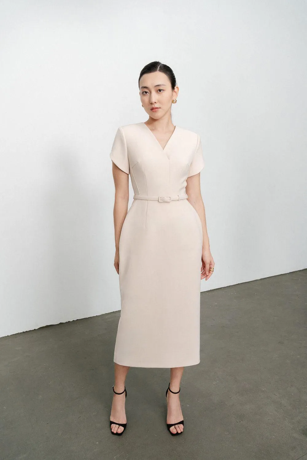 Melody Pegged V-Neck Twill Midi Dress