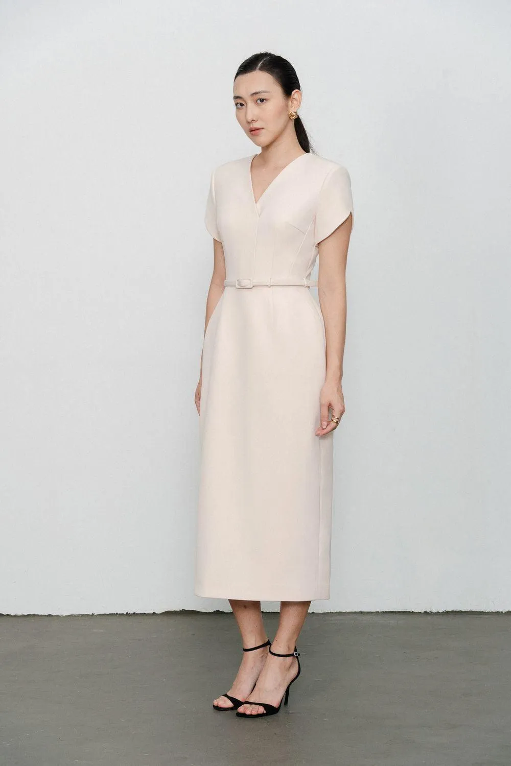Melody Pegged V-Neck Twill Midi Dress