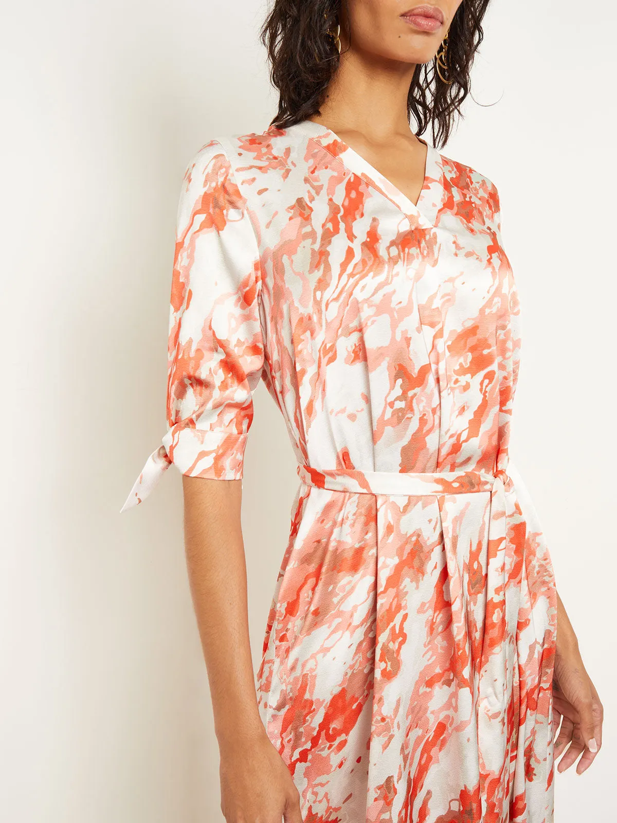 Midi A-Line Dress - V-Neck Print Crepe de Chine