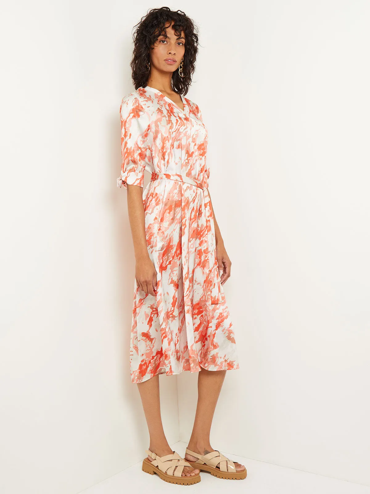 Midi A-Line Dress - V-Neck Print Crepe de Chine