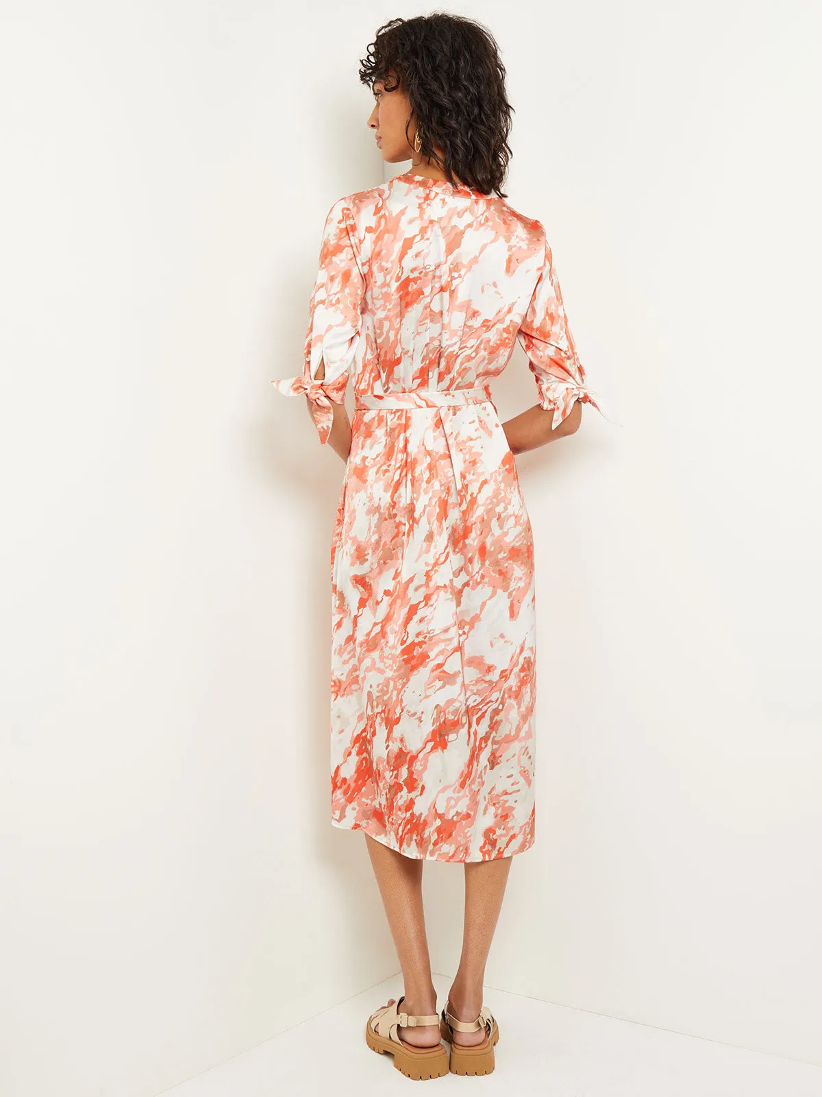 Midi A-Line Dress - V-Neck Print Crepe de Chine