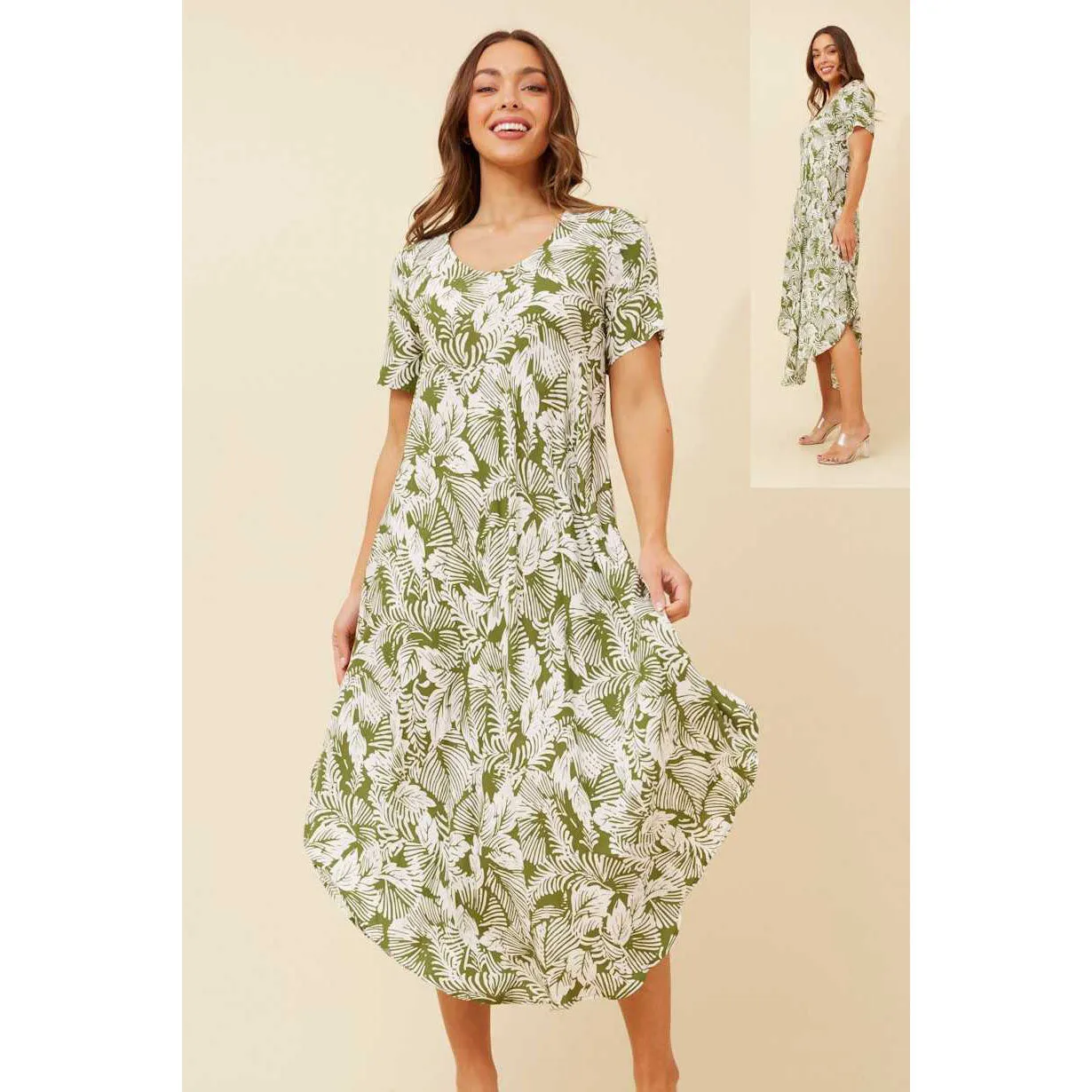 Midi Leaf Print Dress - Green