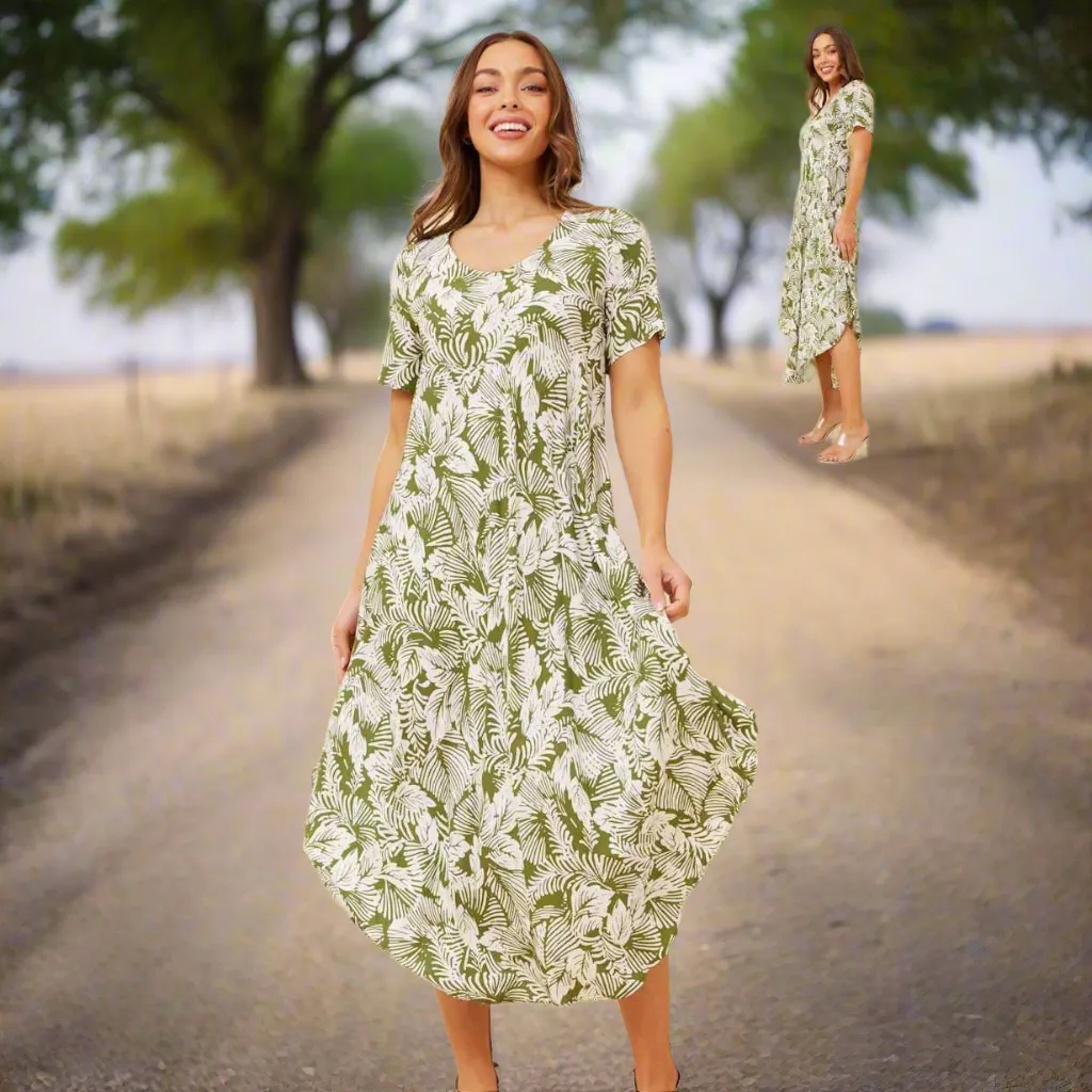Midi Leaf Print Dress - Green