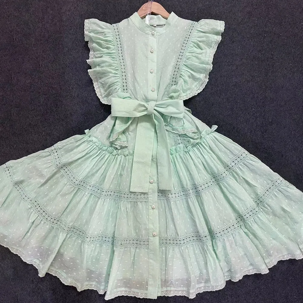 Mini Minimalist Dresses For Women Lapel Flying Sleeve High Waist Patchwork Pearls Embroidery Summer Dress Female
