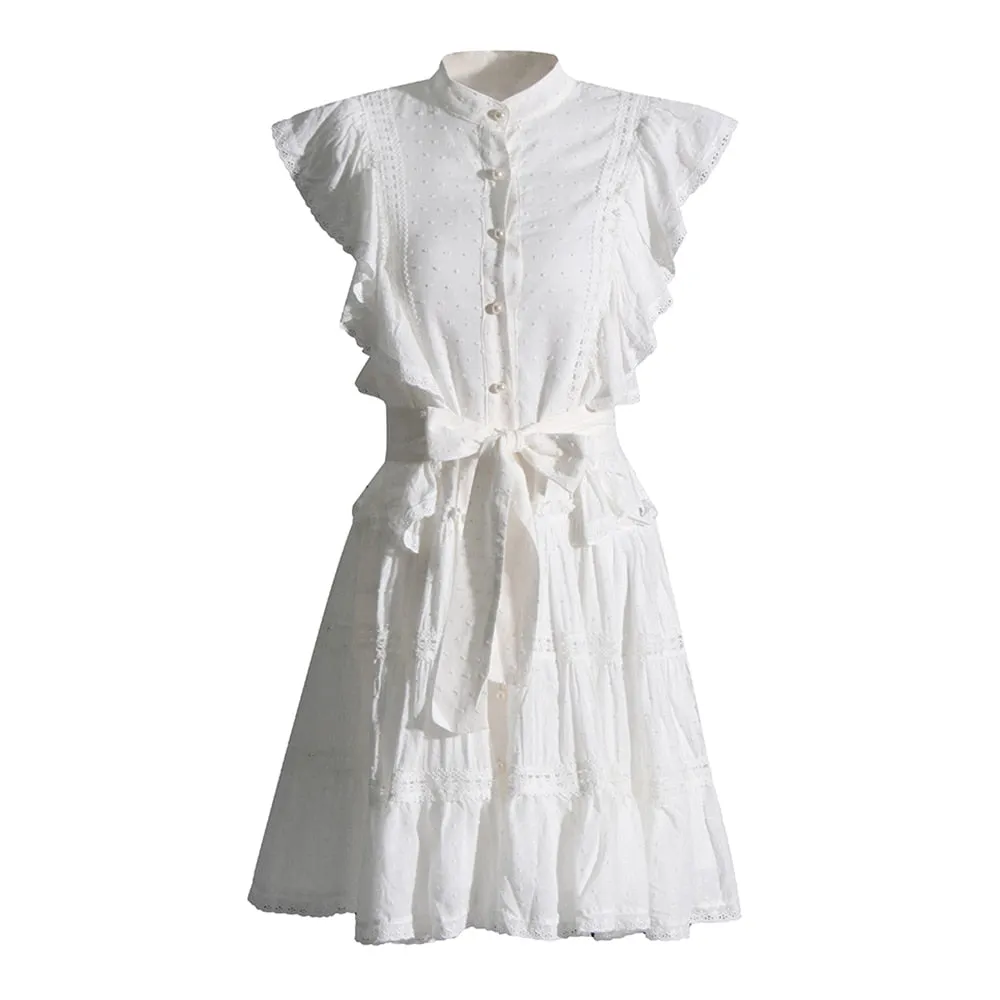 Mini Minimalist Dresses For Women Lapel Flying Sleeve High Waist Patchwork Pearls Embroidery Summer Dress Female