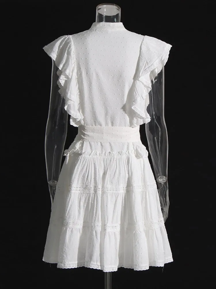 Mini Minimalist Dresses For Women Lapel Flying Sleeve High Waist Patchwork Pearls Embroidery Summer Dress Female