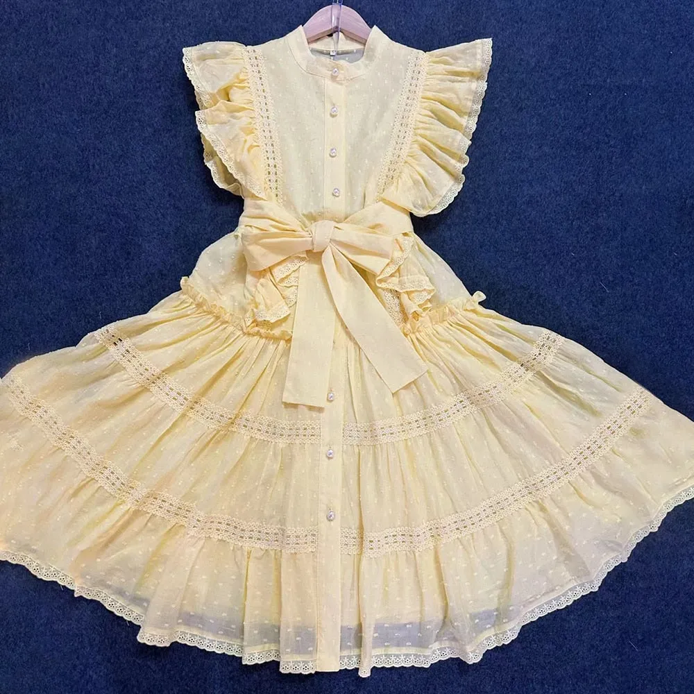 Mini Minimalist Dresses For Women Lapel Flying Sleeve High Waist Patchwork Pearls Embroidery Summer Dress Female