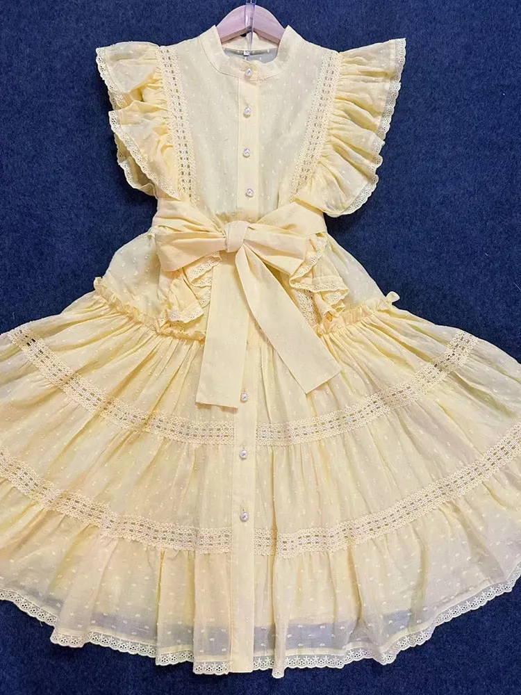 Mini Minimalist Dresses For Women Lapel Flying Sleeve High Waist Patchwork Pearls Embroidery Summer Dress Female