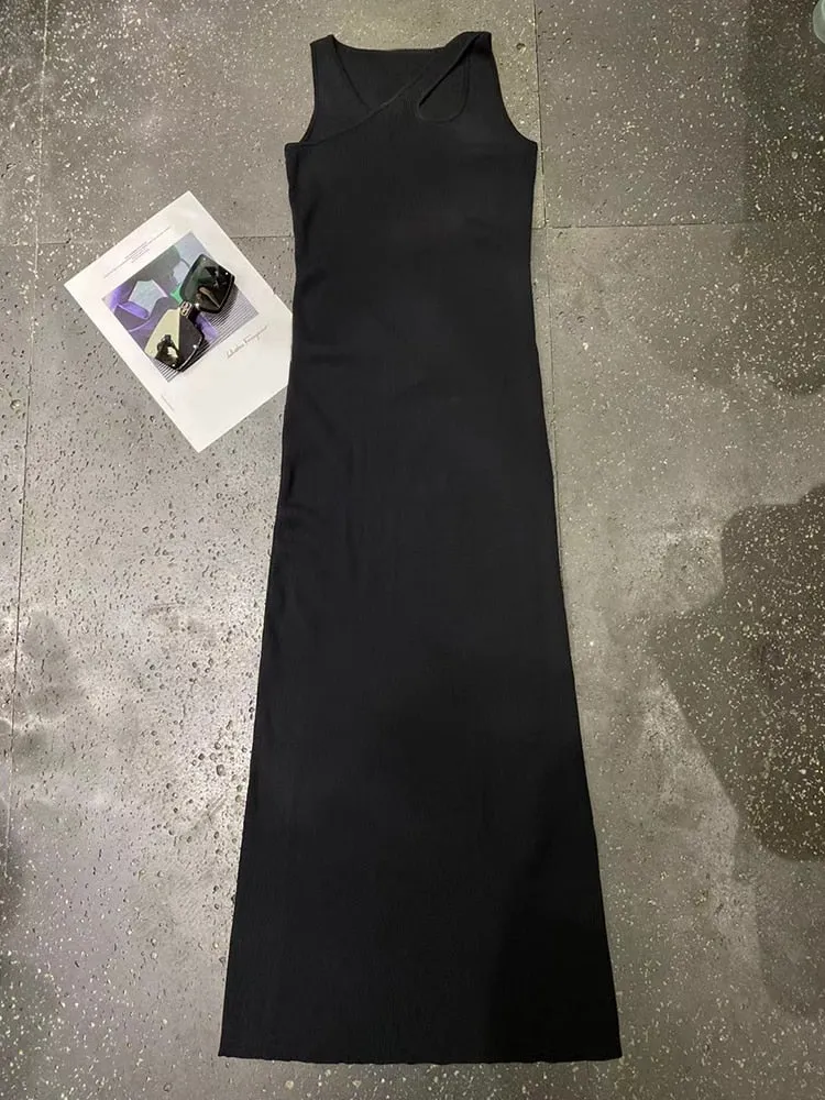 Minimalist Crisscross Dresses For Women Round Neck Sleeevless High Waist Hollow Out Slim Dress Female Fashion