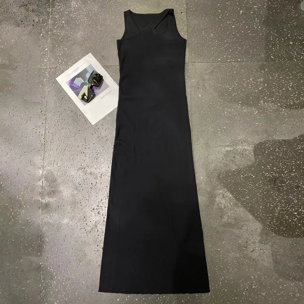 Minimalist Crisscross Dresses For Women Round Neck Sleeevless High Waist Hollow Out Slim Dress Female Fashion