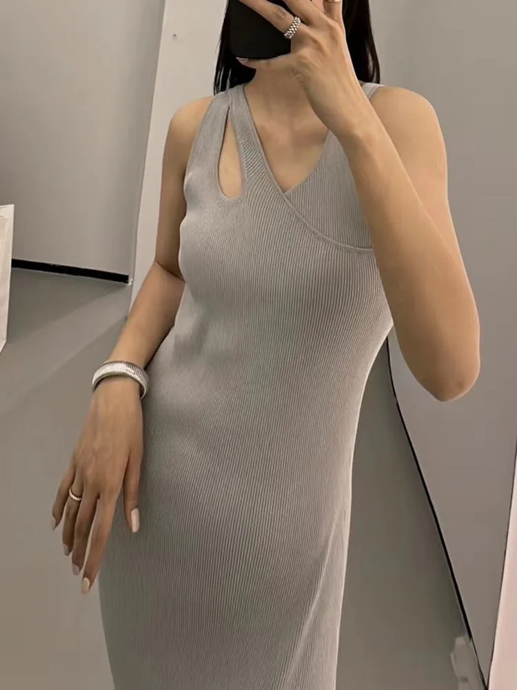 Minimalist Crisscross Dresses For Women Round Neck Sleeevless High Waist Hollow Out Slim Dress Female Fashion