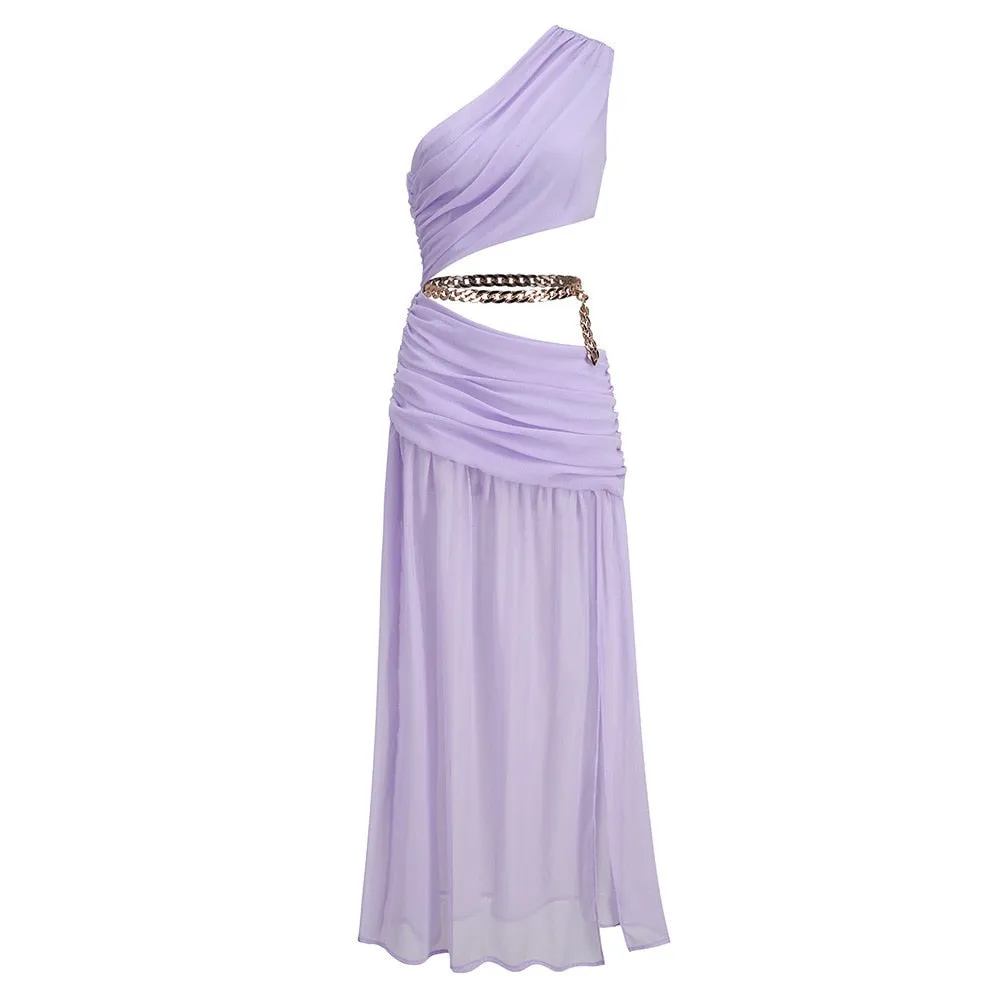 Minimalist Dresses For Women Diagonal Collar Sleeveless High Waist Split Hollow Out Dress Female Fashion Clothing