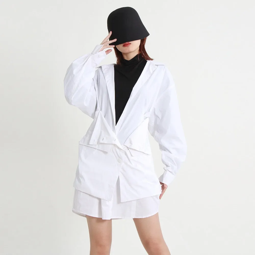 Minimalist Dresses For Women Lapel Long Sleeve Patchwork Single Breasted Asymmetrical A Line Dress Female