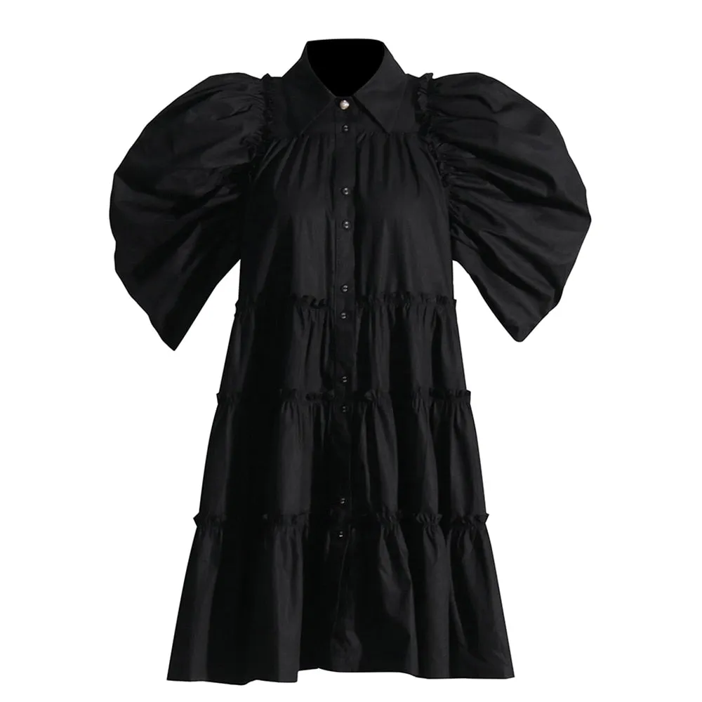 Minimalist Dresses For Women Lapel Short Sleeve High Waist Folds Temperament Dress Female Fashion Clothing