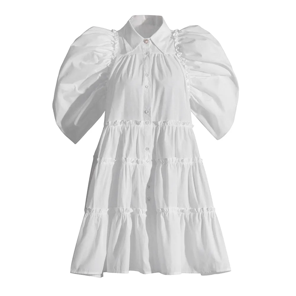 Minimalist Dresses For Women Lapel Short Sleeve High Waist Folds Temperament Dress Female Fashion Clothing