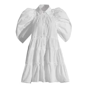 Minimalist Dresses For Women Lapel Short Sleeve High Waist Folds Temperament Dress Female Fashion Clothing