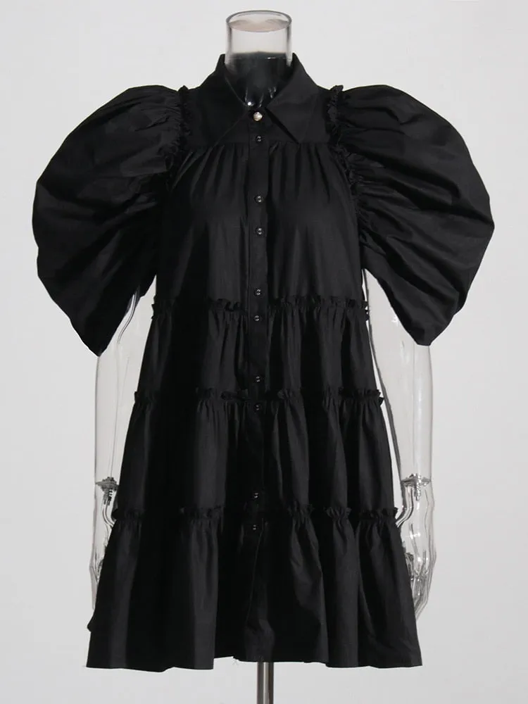 Minimalist Dresses For Women Lapel Short Sleeve High Waist Folds Temperament Dress Female Fashion Clothing