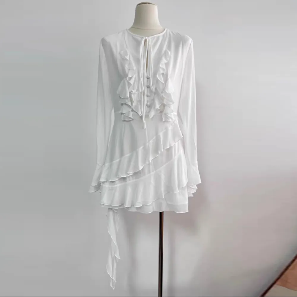 Minimalist Dresses For Women Round Neck Long Sleeve High Waist Ruffles Dress Female Fashion Style Clothing