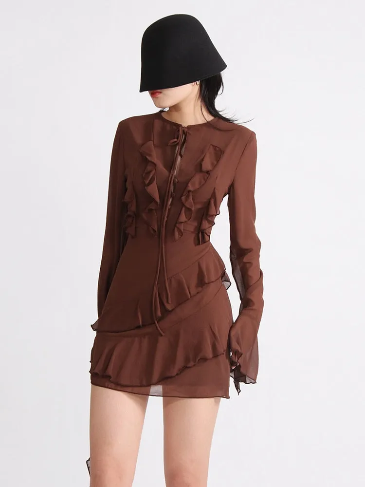 Minimalist Dresses For Women Round Neck Long Sleeve High Waist Ruffles Dress Female Fashion Style Clothing