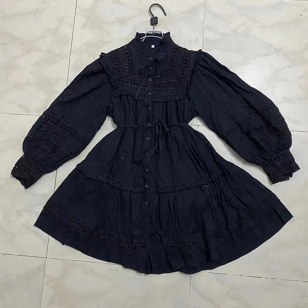 Minimalist Dresses For Women Stand Collar Lantern Sleeve High Waist Mini Elegant Dress Female Fashion Clothing