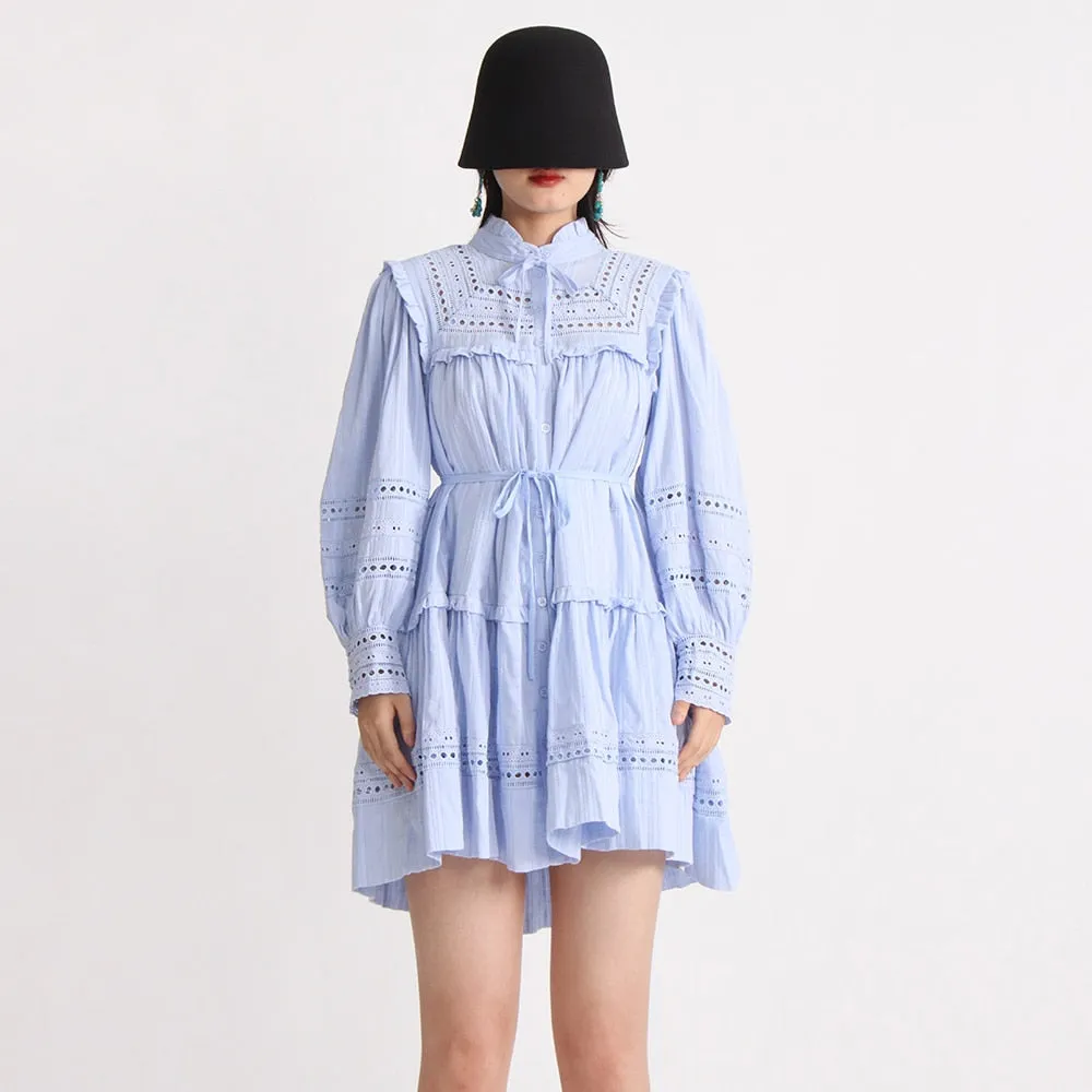 Minimalist Dresses For Women Stand Collar Lantern Sleeve High Waist Mini Elegant Dress Female Fashion Clothing