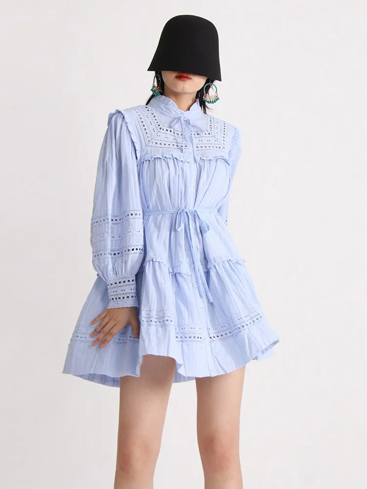 Minimalist Dresses For Women Stand Collar Lantern Sleeve High Waist Mini Elegant Dress Female Fashion Clothing