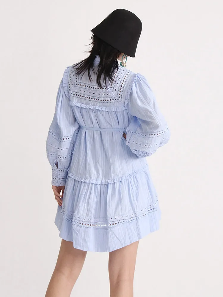 Minimalist Dresses For Women Stand Collar Lantern Sleeve High Waist Mini Elegant Dress Female Fashion Clothing