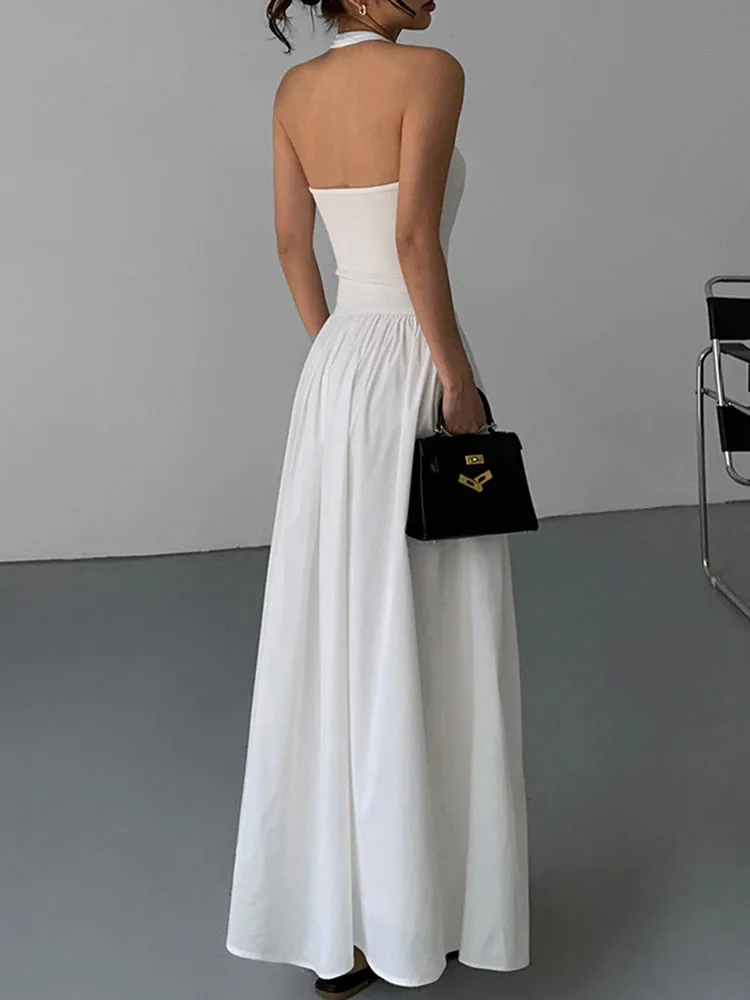 Minimalist Dresses Fpr Women Halter Sleeveless High Waist Backless Solid Elegant Dress Female Fashion Clothing