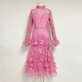 Minimalist Ruffles Dresses For Women Stand Collar Long Sleeve High Waist Embroidery Dress Female Fashion Style