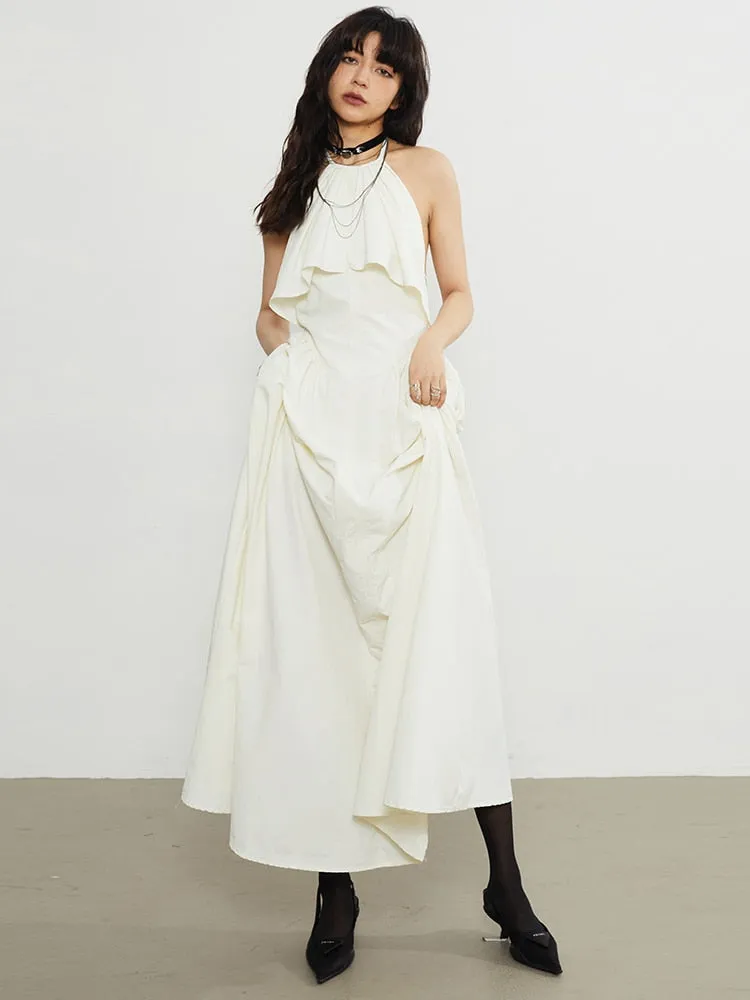 Minimalist Sexy Dress Halter Sleeveless High Waist Backless Folds  Elegant Dressess Female Fashion Style