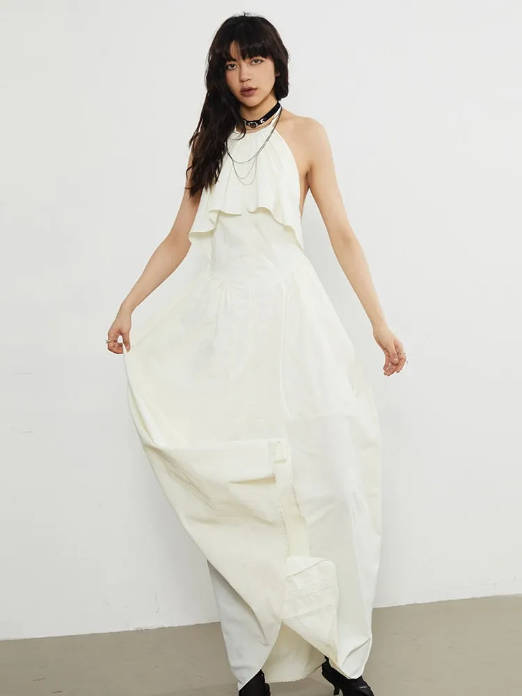 Minimalist Sexy Dress Halter Sleeveless High Waist Backless Folds  Elegant Dressess Female Fashion Style