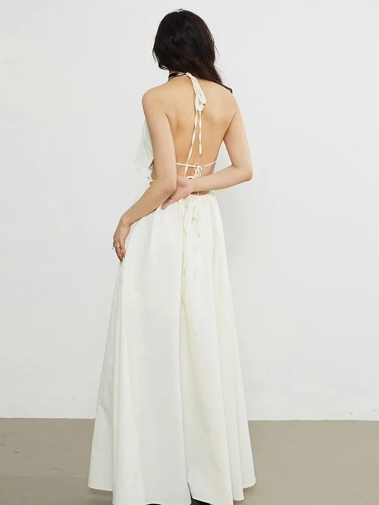 Minimalist Sexy Dress Halter Sleeveless High Waist Backless Folds  Elegant Dressess Female Fashion Style