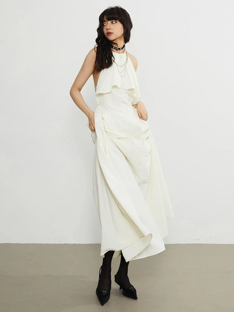 Minimalist Sexy Dress Halter Sleeveless High Waist Backless Folds  Elegant Dressess Female Fashion Style