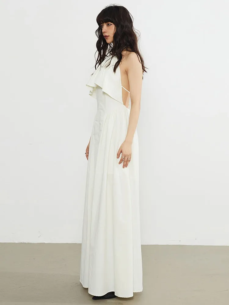 Minimalist Sexy Dress Halter Sleeveless High Waist Backless Folds  Elegant Dressess Female Fashion Style