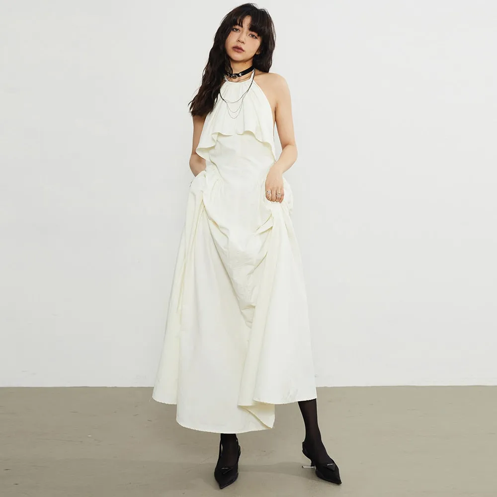 Minimalist Sexy Dress Halter Sleeveless High Waist Backless Folds  Elegant Dressess Female Fashion Style