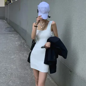 Minimalist Summer Dresses For Women Sauare Collar Sleeveless High Waist Mini Slim Dress Female Fashion Clothing