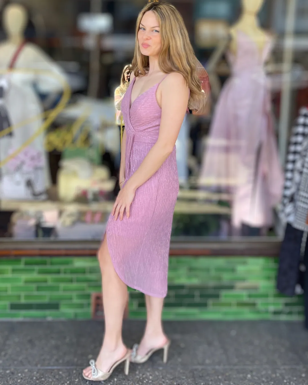 Miss Anne - Midi Metallic Dress - 222383 - Blush Pink
