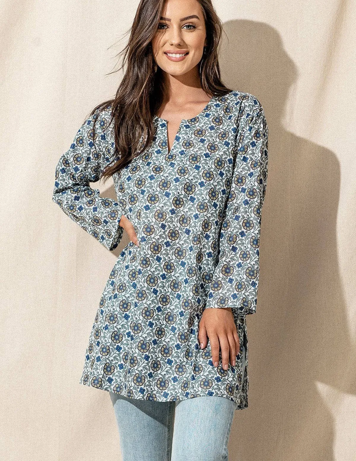 Nala Indian Cotton Tunic - Misty Blue