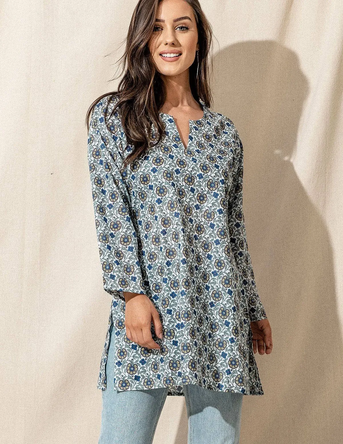 Nala Indian Cotton Tunic - Misty Blue