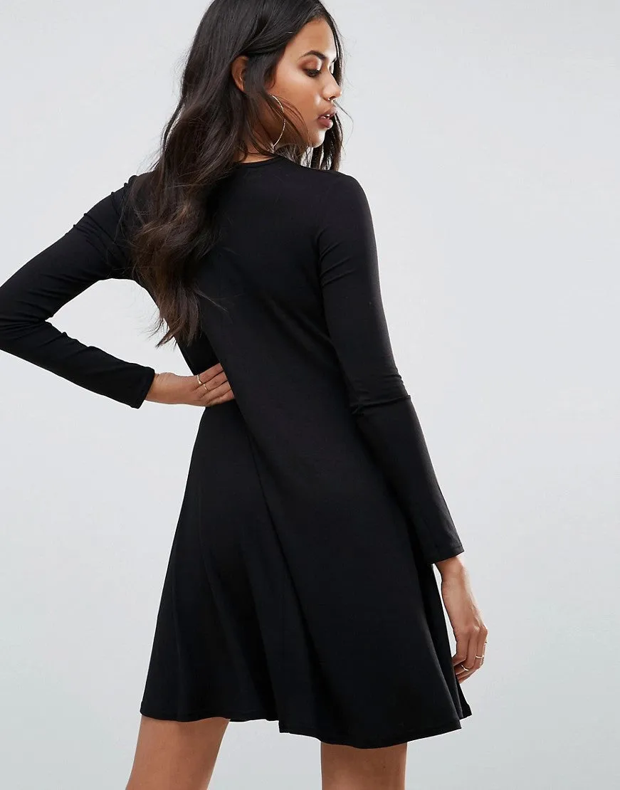 Neck Long Sleeve Swing Dress