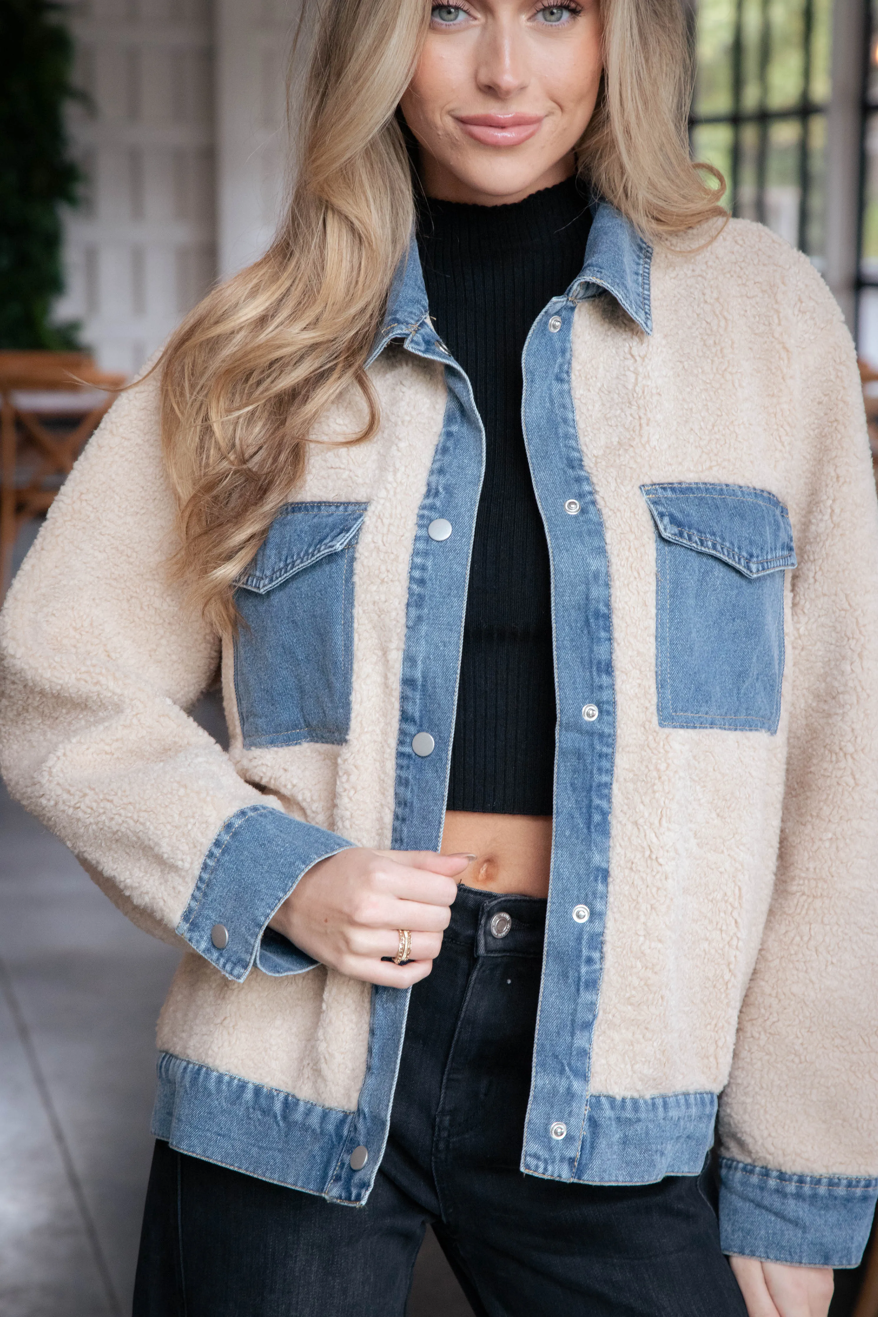Nichole Denim Sherpa Jacket, Beige